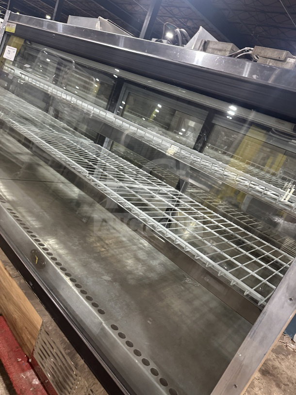 Marc SQBCR-59 bakery display case with flat glass, poly-coated wire racks, rear access sliding doors, 115V 1 phase.