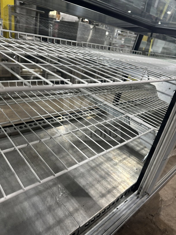 Marc SQBCR-59 bakery display case, wooden style, flat glass, multi-tier, poly coated wired rack, rear sliding doors.