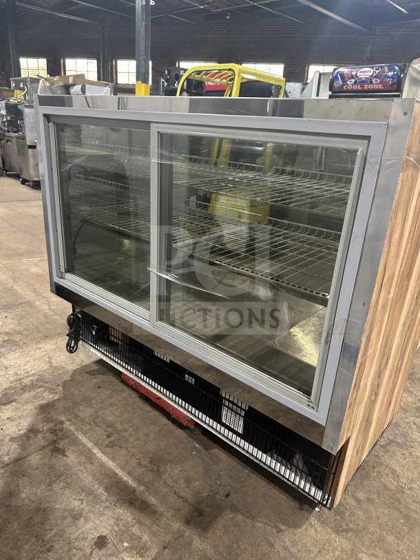 Marc SQBCR-59 bakery display case, wood style, flat glass, multi-tier, poly-coated wire rack, rear sliding doors, 115V, 1 phase.