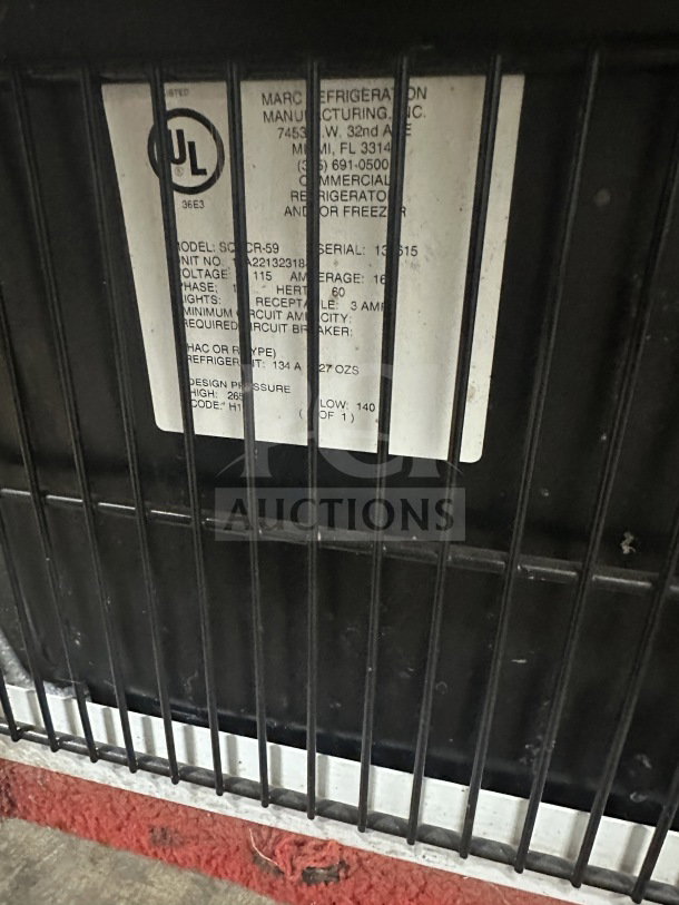Marc model SQBCR-59 commercial bakery display case label, showing voltage, serial number, and manufacturer details.