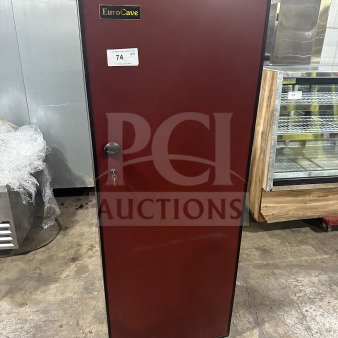 EuroCave Vieillitheque Confort wine cooler, Model V-264W, red solid single door, with wooden retractable shelves.