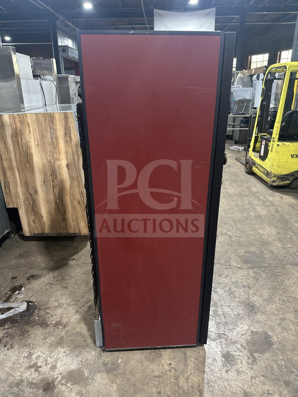 EuroCave Vieillitheque V-264W wine cooler, red solid full-height door, wooden style retractable shelves, 115V power, SN: 71434.