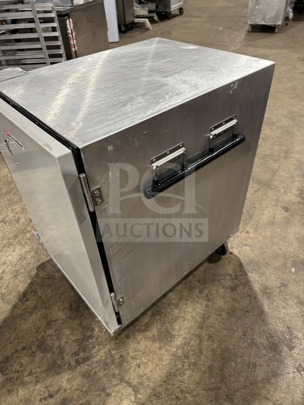 Metro Flavor Hold TC90B food warming cabinet, stainless steel, under counter, handles, on casters, 120V, good condition.