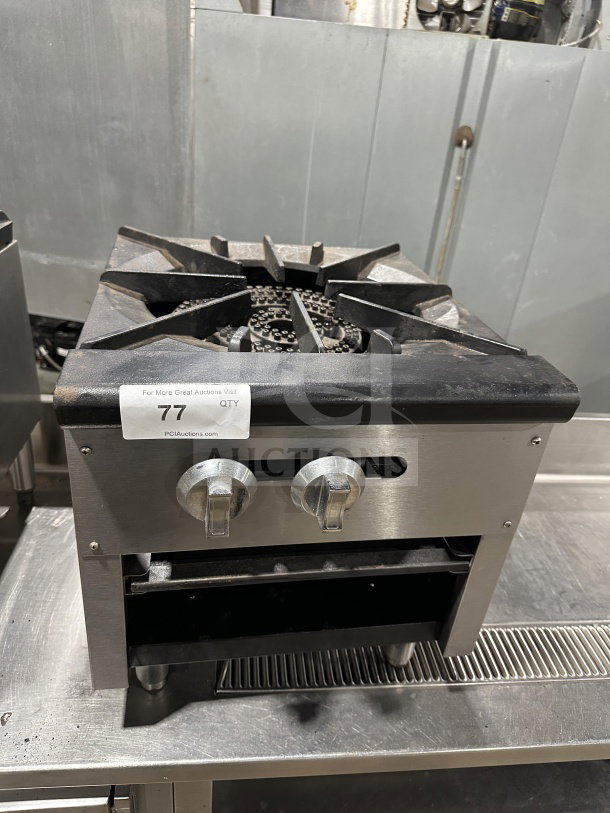 ACE Commercial Stainless Steel Natural Gas Stove, Model CTSP-1\NG, with dual controls, SN: 17053500160, used condition.