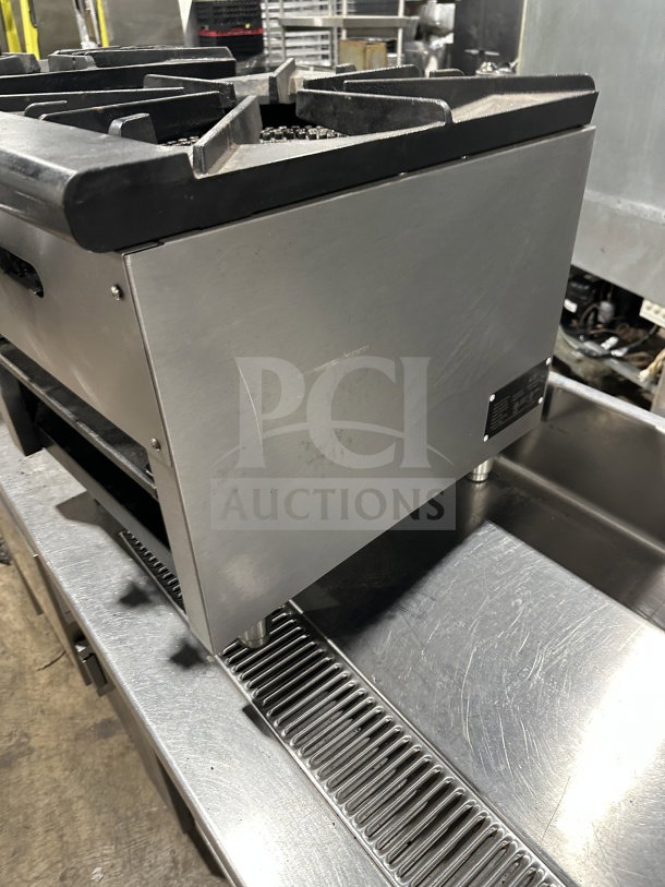 ACE CTSP-1/NG stainless steel gas stove; commercial-grade, visible burner grates, tags show model and serial number.