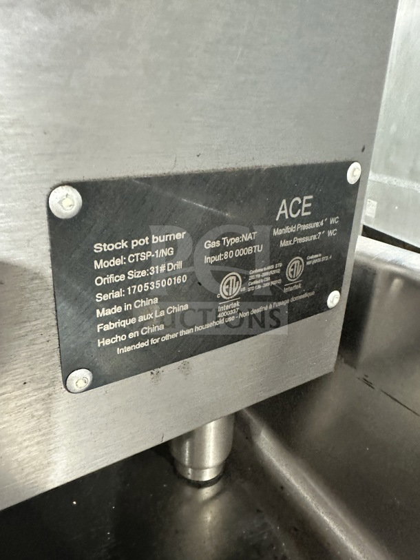 ACE Commercial Stainless Steel Natural Gas Stove, Model CTSP-1/NG, Serial 17053500160, 80,000 BTU, made in China.