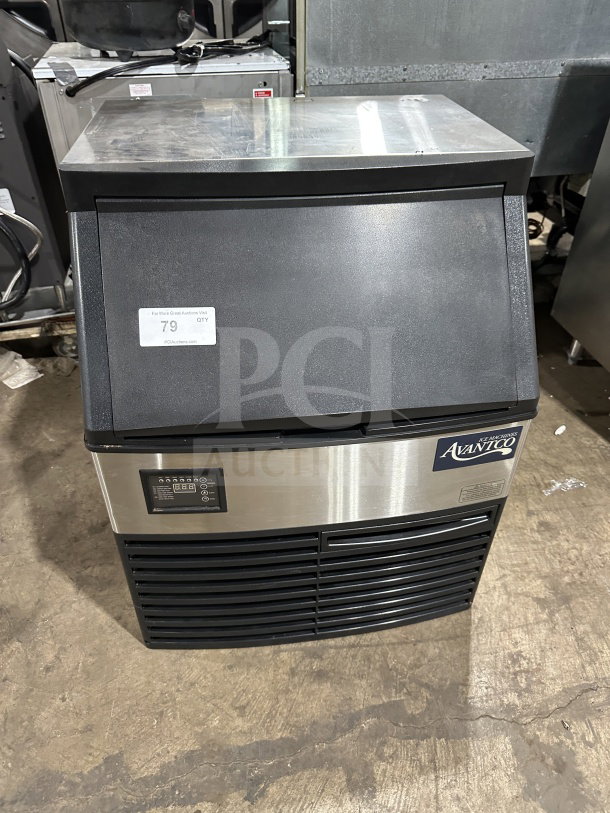Avantco commercial stainless steel ice maker, Model 194UC160HA, on legs, air-cooled, 115V. Front panel controls visible.