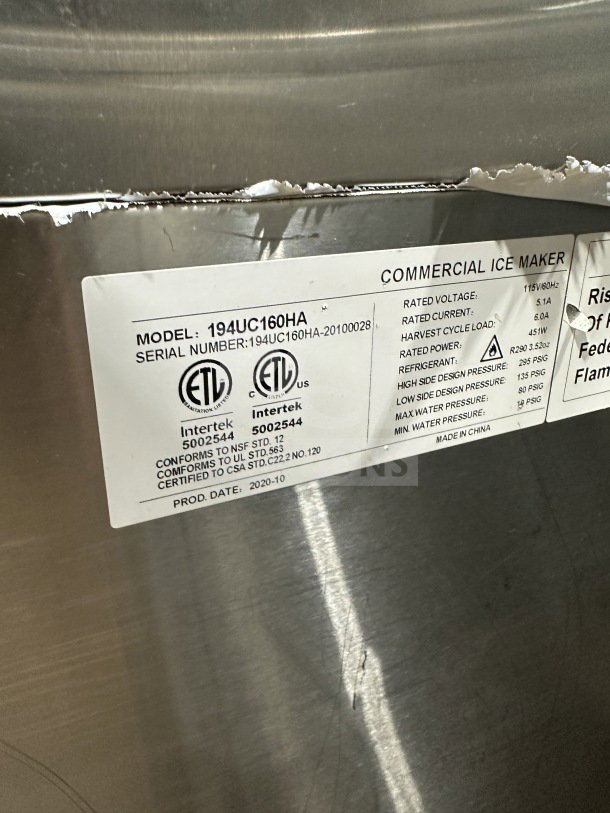 Avantco! Model 194UC160HA ice maker with label showing specs and serial number 194UC160HA-20100028, stainless steel.