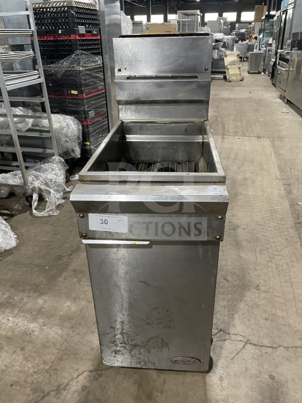Commercial stainless steel gas-powered fat fryer with backsplash, used condition. Auction label reads "30 QTY".