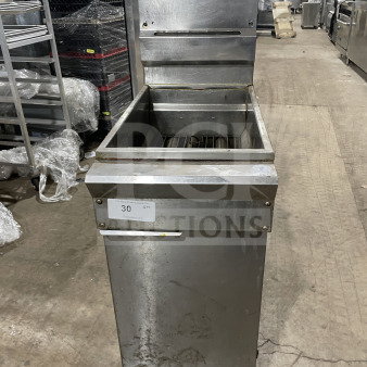 Commercial stainless steel gas-powered fat fryer with backsplash, used condition. Auction label reads "30 QTY".