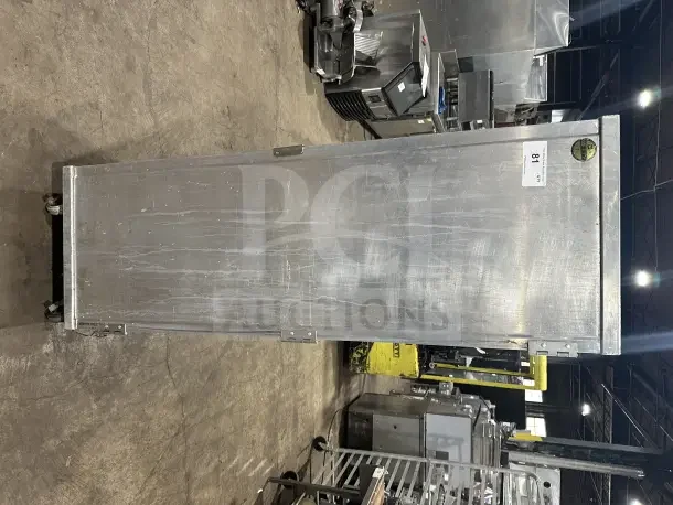 Commercial stainless steel single section heated holding/proofer cabinet on casters, industrial setting, item tag "81".