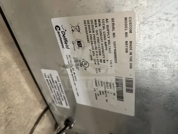 Delfield N8118B stainless steel cold pan drop-in bin, 115V, 1 phase, Model: N8118B, SN: 1307150000237, Made in USA, NSF listed.
