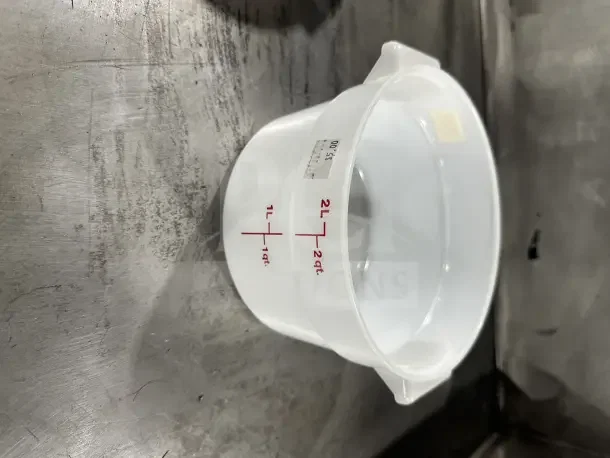 Commercial Polypropylene 2Qt food container, white translucent, measurement marks, excellent condition.