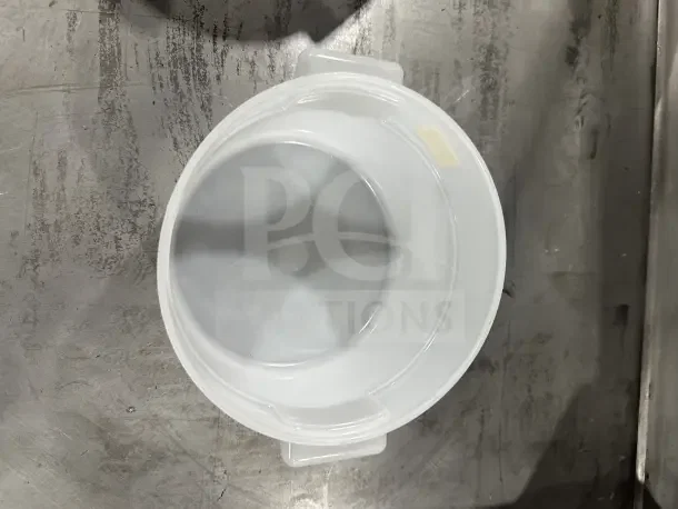 Commercial 2Qt polypropylene white translucent food container, durable, with dual handles, and lid notch. Ideal for storage.