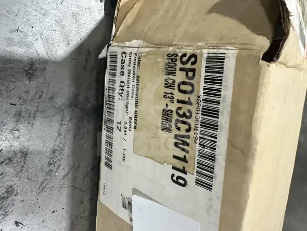 Box of 12 brand new Cambro 13" solid salad bar spoons, model SPO13CW119, Sherwood Green, commercial grade.