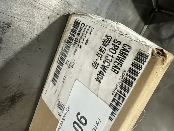 Box of 12 Cambro 13" red solid deli/salad bar serving spoons, model SPO13CW404, brand new, case weight 2.220 lbs.