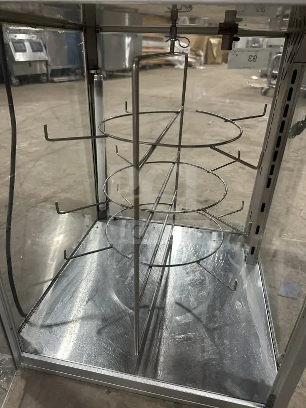Commercial 4-Tier Electric Heated Pizza Merchandiser, stainless steel, clear glass panels, unused condition.