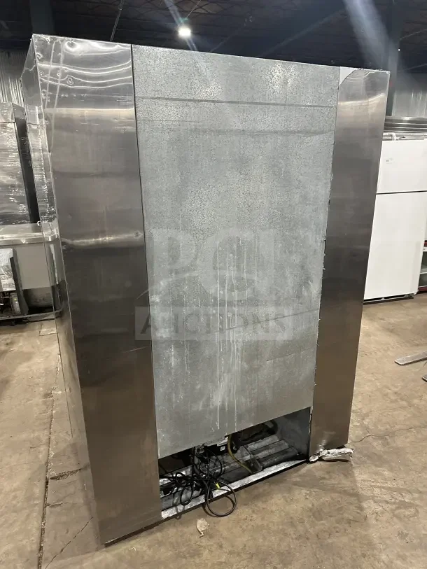 Leader commercial stainless steel reach-in refrigerator, model LS54SC, with rear sliding glass doors, poly coated rack.
