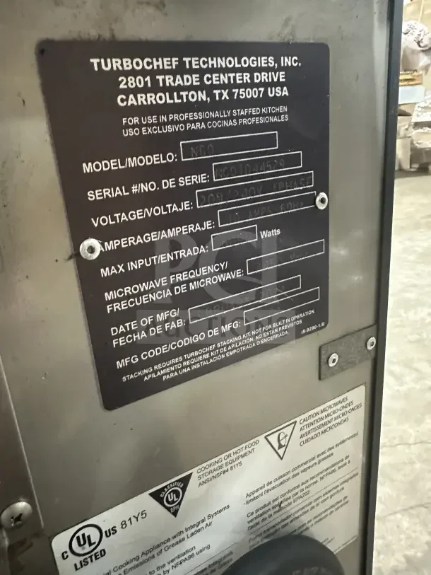 TurboChef Model NGO commercial rapid cook oven, electric, countertop design, digital controls, 208/240V, used condition.