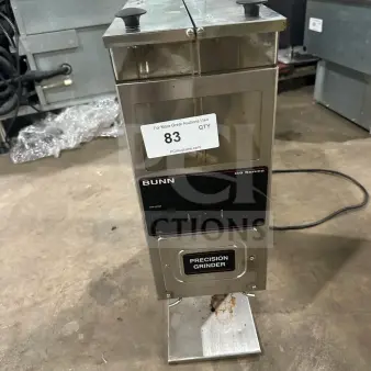 Bunn G9 Series commercial coffee grinder, stainless steel, dual-hopper, electric-powered; features precision grinding controls.