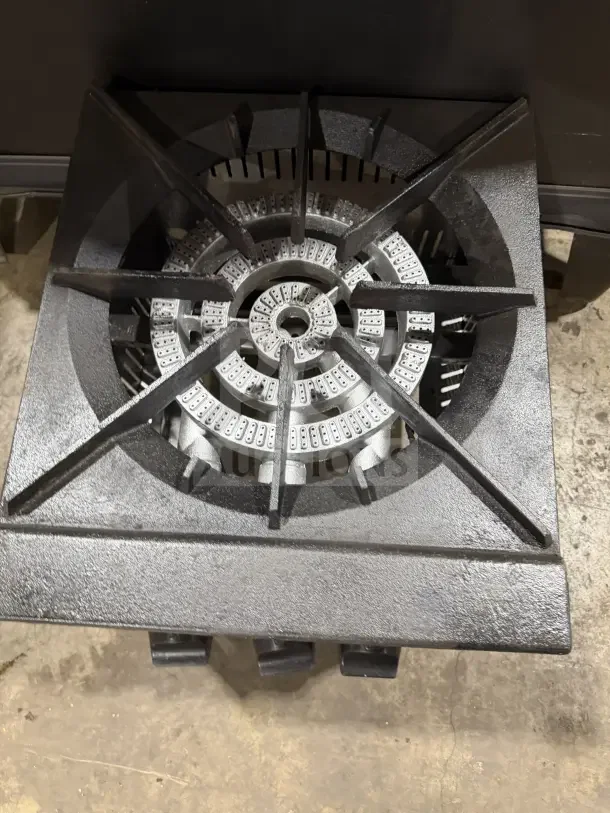 Commercial stainless steel gas-powered countertop single burner stock pot range, on legs, used condition.