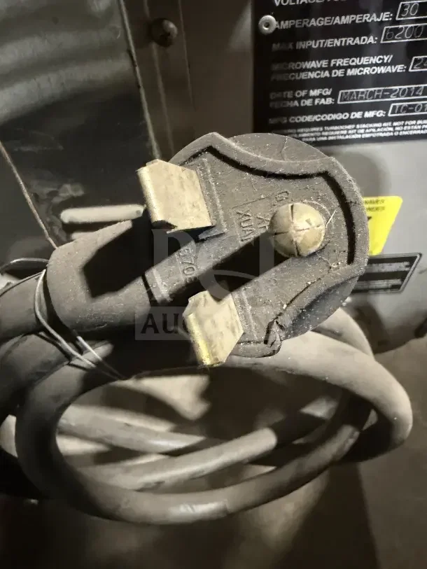 TurboChef Commercial Electric Oven plug and serial number label, Model NGO, 208/240V, 1 Phase, March 2014.