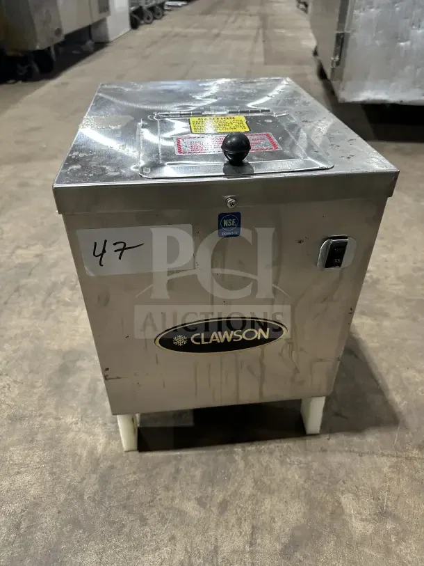Clawson PC-2000 stainless steel electric ice crusher, 115V, 1 phase, on legs. Visible NSF tag, moderate wear, labeled model.