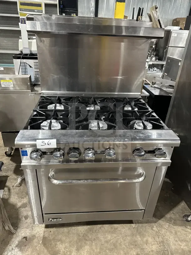 Pantin Commercial Stainless Steel 6-Burner Natural Gas Range & Oven with wired rack and backsplash, used condition.