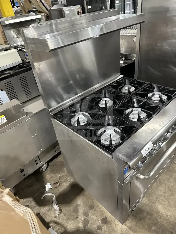 Pantin Commercial Stainless Steel 6-Burner Natural Gas Range & Oven Combo with backsplash and oven wired rack, excellent condition.