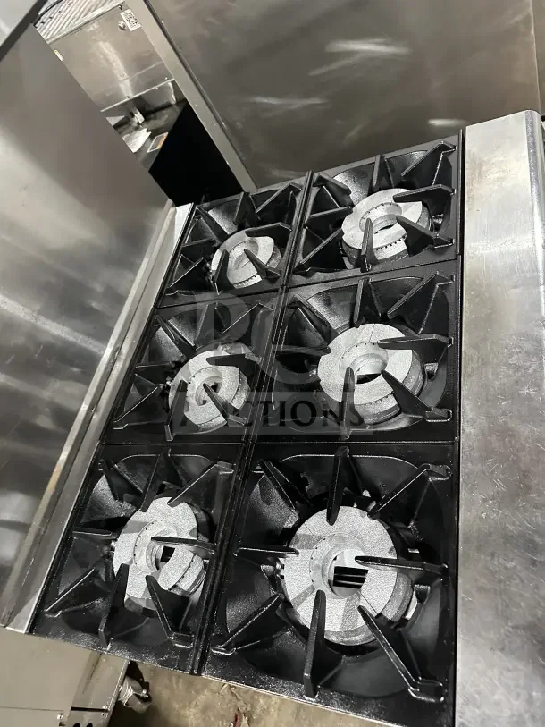 Pantin commercial stainless steel natural gas 6-burner range with oven, wired rack, and backsplash. Excellent condition.