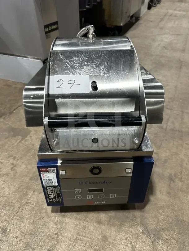 Electrolux HSPPA1 stainless steel electric panini press, 208V, 1 phase, commercial use, with control panel, mounted on legs.
