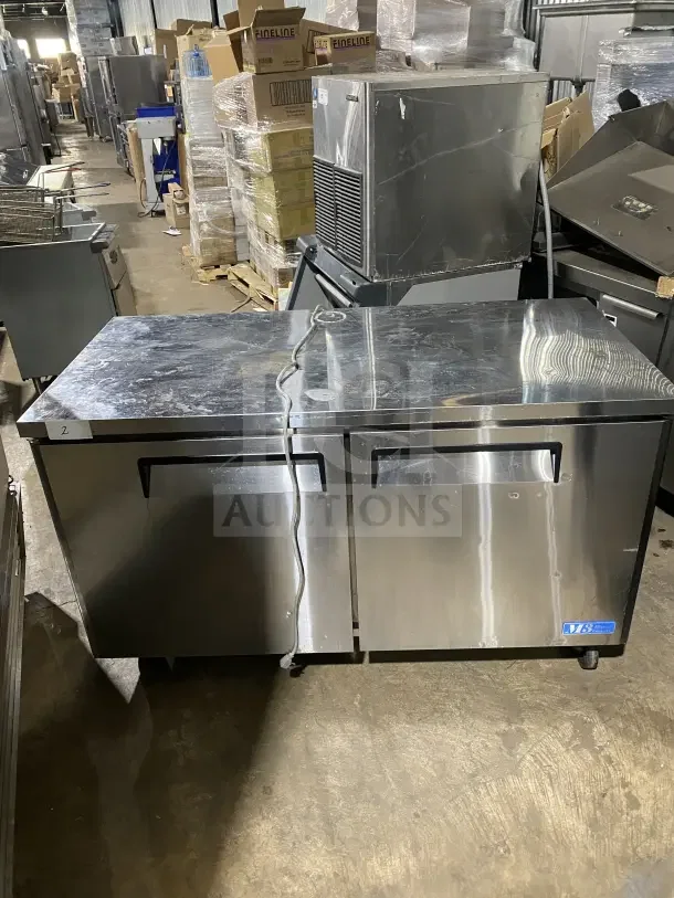 Turbo Air MUF-60 commercial 60" 2-door stainless steel undercounter freezer, poly-coated rack, on casters, model MUF-60.