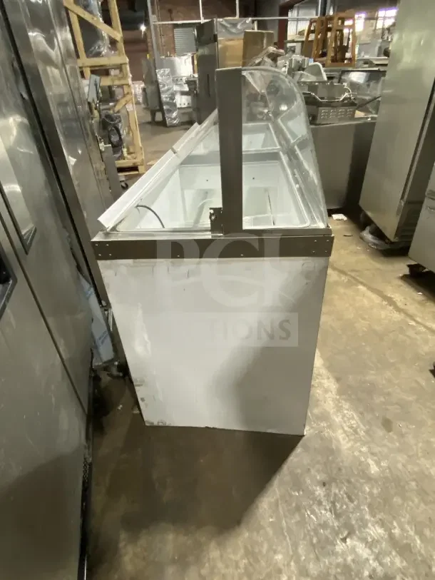 Master-Bilt Commercial 69" Ice Cream Dipping Cabinet, Model DD88CG, white, low glass, poly-coated wired rack, 115V.