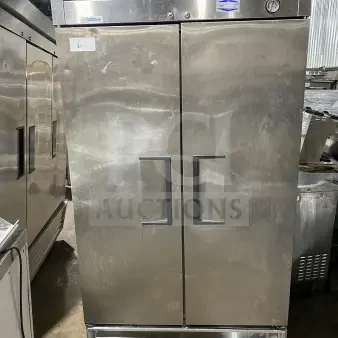 True T35F commercial stainless steel 2-door reach-in freezer, poly-coated racks, on casters, model 5205317, 115V, 1 phase.