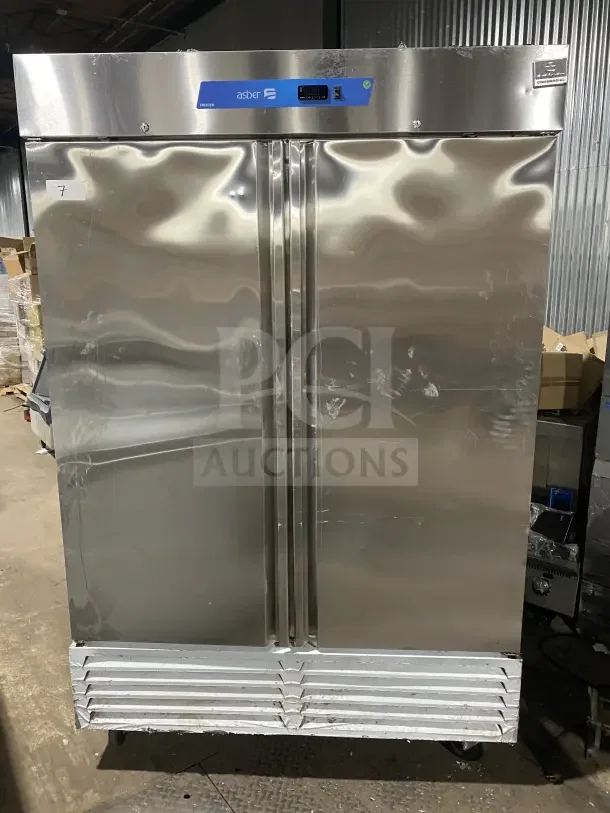 Asber commercial stainless steel 2-door reach-in freezer, model ARF49HFHC, 2022, on casters, 115V, 1 phase, SN 8102689730.