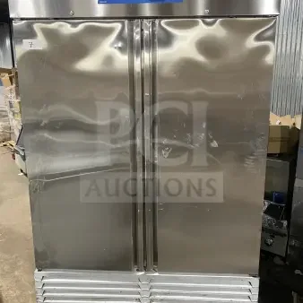 Asber commercial stainless steel 2-door reach-in freezer, model ARF49HFHC, 2022, on casters, 115V, 1 phase, SN 8102689730.