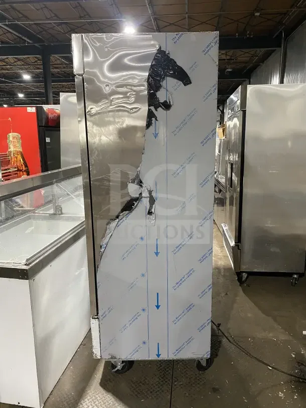 Asber ARF49HFHC commercial 2-door stainless steel freezer with protective film, on casters, model from 2022.