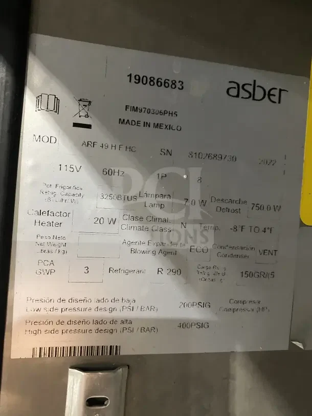 Asber ARF49HFHC commercial stainless steel 2-door reach-in freezer, 2022 model, 115V, on casters. Serial: 8102689730.