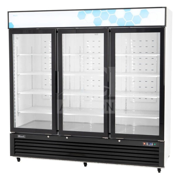 Brand new 2022 Migali C-72RM-HC 3-door reach-in cooler merchandiser on casters, 115 volts, commercial use.