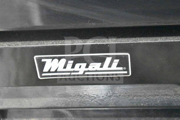 "Migali brand label on the scratch and dent C-72RM-HC 3-door reach-in cooler, 2022 model, 115V, 1 Phase."
