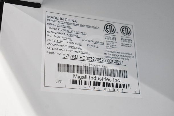 Migali C-72RM-HC 3 Door Cooler, 115V, 1 Phase, new scratch and dent. Label shows model, voltage, refrigerant, serial number.
