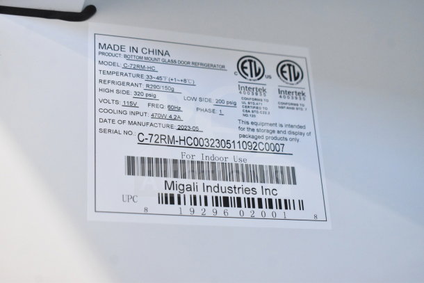 "2023 Migali C-72RM-HC 3 Door Cooler. New, scratch and dent. 115V, 1 Phase. Serial: C-72RM-HC003220520092C0017."