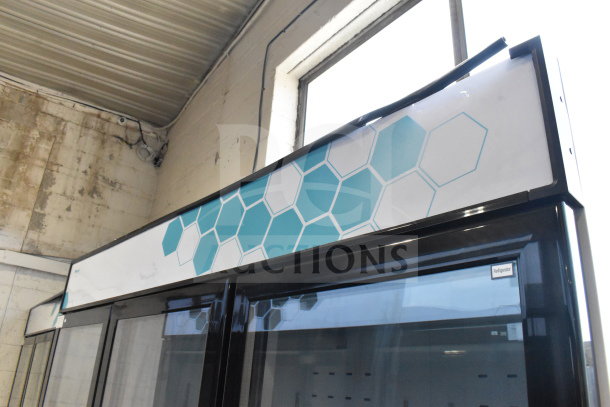 BRAND NEW 2023 Migali C-72RM-HC 3-Door Cooler Merchandiser, commercial casters, 115V, 1 phase, hexagon pattern design.