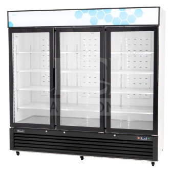 Brand new Migali C-72RM-HC 3-door cooler, commercial casters, 115V, serial C-72RM-HC00319040200920003, scratch and dent condition.