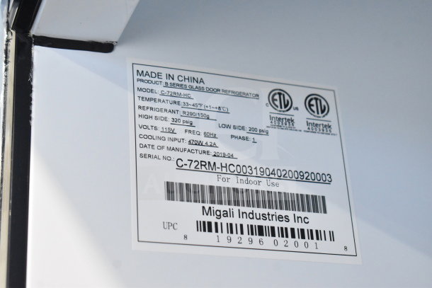 Migali C-72RM-HC 3-door reach-in cooler label, 2019 model, 115V, 1 phase, R290 refrigerant, serial C-72RM-HC00319040200920003.