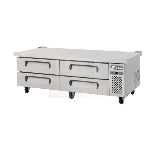 New 2024 Migali C-CB72-HC 4-Drawer Chef Base on Casters. 115V, 1 Phase. Scratch and dent model, serial C-CB72-HCN7JC001.