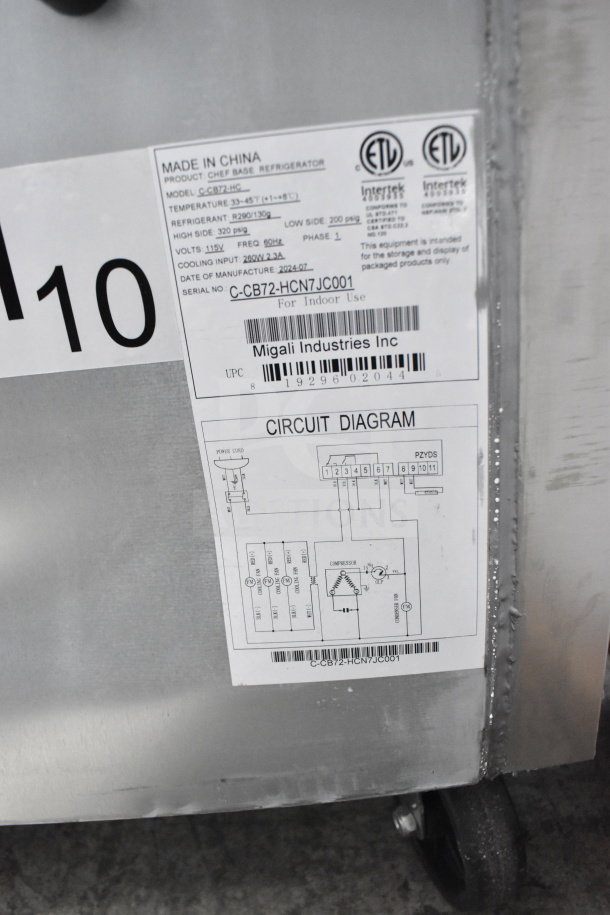 "New Migali C-CB72-HC chef base with 4 drawers, serial C-CB72-HCN7JC001. 115V, 1 phase, circuit diagram and label shown."