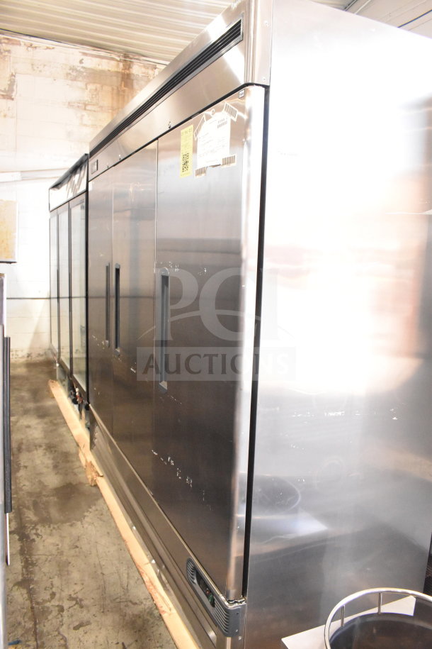 Migali C-3FB-HC commercial 3-door reach-in freezer, new scratch and dent condition, 115/208-230V, 1 phase.