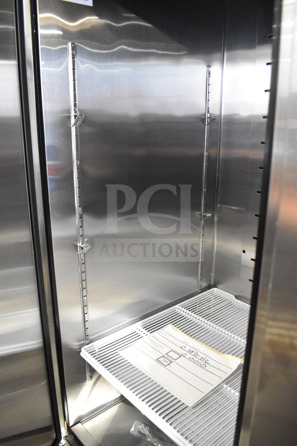 Brand new 2021 Migali C-3FB-HC commercial freezer, 3 doors, scratch and dent, 115/208-230V, 1 phase, serial shown.