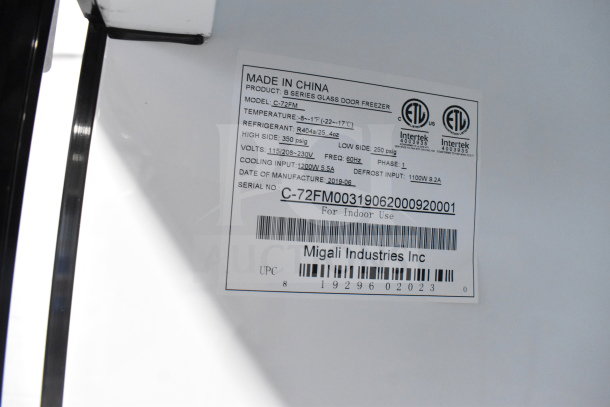 Brand new Migali C-72FM 3-door freezer, 115/208-230V, 1 phase, serial C-72FM00319062000920001, made in 2019.